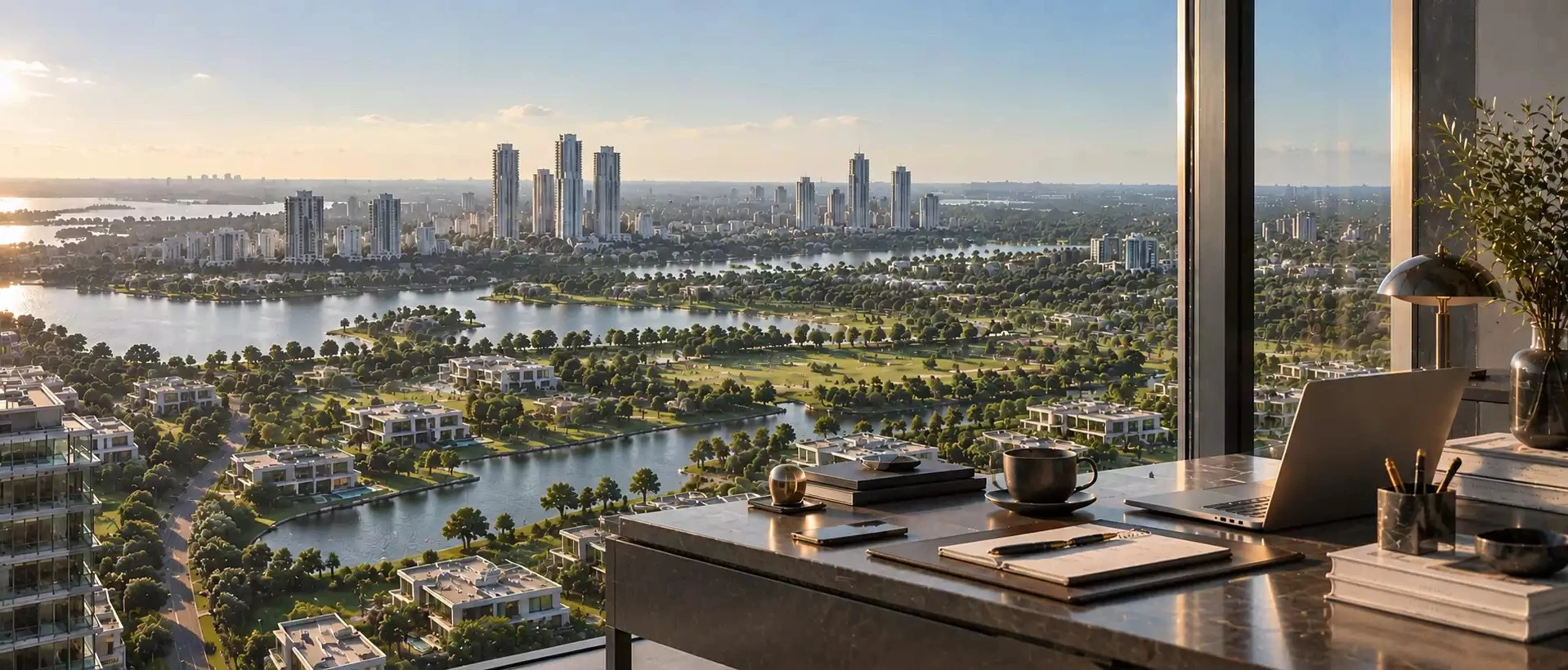 Vista panorámica de una propiedad de real estate al atardecer